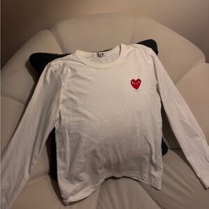 Comme des Garcons White Long Sleeve Tee with Red Heart